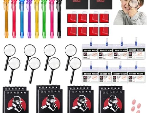 48 Piezas Kit EspíA Detective Niños, Kit Espía Juego Detective para Niños，con bolígrafo UV, Cuaderno, Lupa Juguete，Detective Tarjetas de identificación con Clip, Almohadilla Tinta Huellas Dactilares
