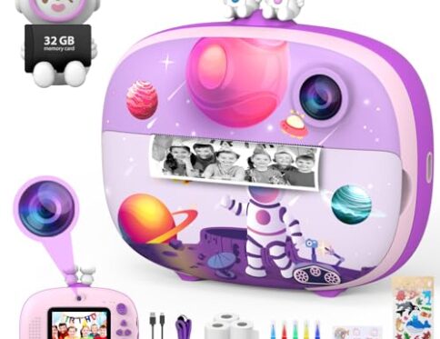 CHAKEYAKE Camara Fotos Infantil, Cámara Fotos Niños Selfie,1080P Pantalla De 2,4″ Camara Fotos Infantil Instantanea con Carte SD 32GB,Cámara Digital Juguete Niños,Regalo para Niños 3-12 Años(Violet)