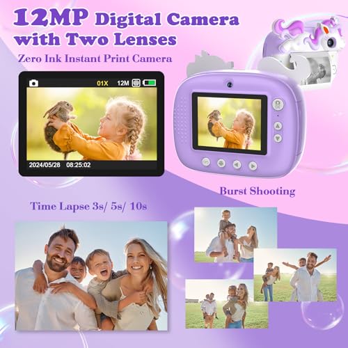 Camara Fotos Infantil Instantanea, 2,4 Pulgada HD 1080P Camara Fotos Infantil con Tarjeta de 32GB y Papel de Impresión, Digital Cámara Instantánea para Niños de 3 a 14 Años, Regalo Juguete, Violeta - Imagen 3