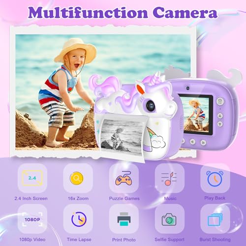 Camara Fotos Infantil Instantanea, 2,4 Pulgada HD 1080P Camara Fotos Infantil con Tarjeta de 32GB y Papel de Impresión, Digital Cámara Instantánea para Niños de 3 a 14 Años, Regalo Juguete, Violeta - Imagen 5