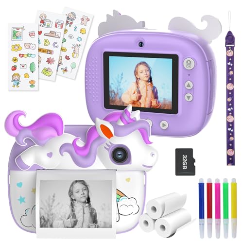 Camara Fotos Infantil Instantanea, 2,4 Pulgada HD 1080P Camara Fotos Infantil con Tarjeta de 32GB y Papel de Impresión, Digital Cámara Instantánea para Niños de 3 a 14 Años, Regalo Juguete, Violeta