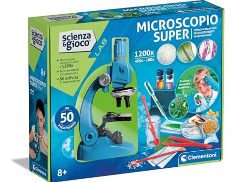 Clementoni Lab Super-Laboratorio con 50 experimentos de Ciencia, microscopio para niños óptico y electrónico 1200X, Juego científico 8 años, en Italiano, 19228, Multicolor