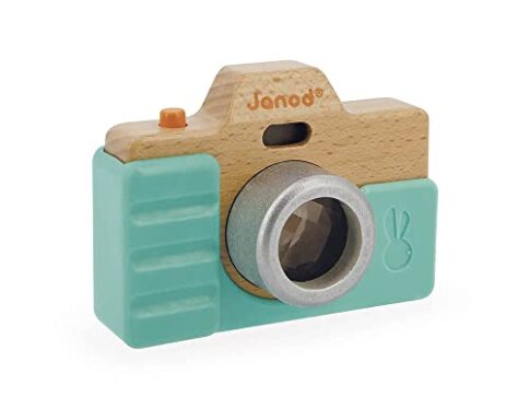 Janod – CÃ¡mara de Fotos Primera Infancia – Juguete de ImitaciÃ³n Madera – Luz y Sonido – Juego EstÃ­mulo Sentidos y Motricidad – Funda Silicona – Pintura al Agua – A partir de 18 Meses, J05381