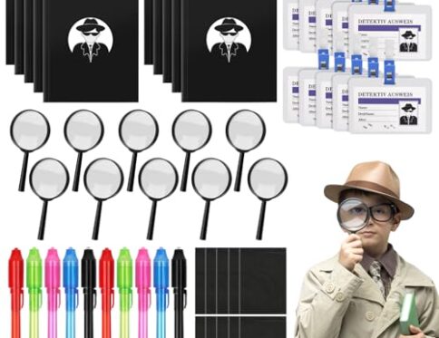 Juego de Detectives de Juguete para Niños, 50pcs Juguetes de Detective,Bolígrafo con luz UV,Libreta Lupa,Tarjetas de Identificación,Kit de Espía Detective de Niños para Juego de rol de Detectives