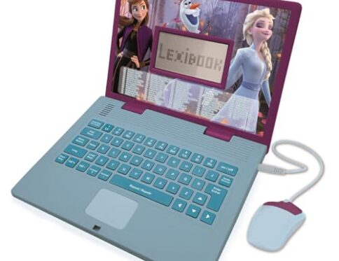 LEXIBOOK – Disney Frozen 2 – Ordenador portátil Educativo y bilingüe español/inglés – Juguete para niñas con 124 Actividades para Aprender, Juegos y música con Elsa y Anna – Azul/Púrpura