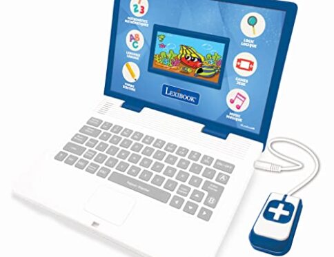 Lexibook JC798i1 – Ratón Educativo y bilingüe para portátil francés/inglés con Pantalla a Color, 130 Actividades para Aprender Idiomas, mecanografía, matemáticas, lógica, música y Juegos, Blanco/Azul