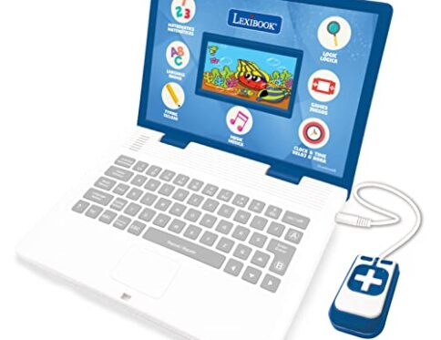 Lexibook- Ratón Ordenador portátil Educativo y bilingüe español/inglés-Juguete para niños con 130 Actividades para Aprender, Juegos y música-Azul, Color, Medium