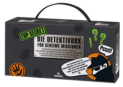 Moses 30711 Top Secret-Detektivbox – Maletín para Detectives (12 en 1), Equipo para Agentes Secretos, Color Negro