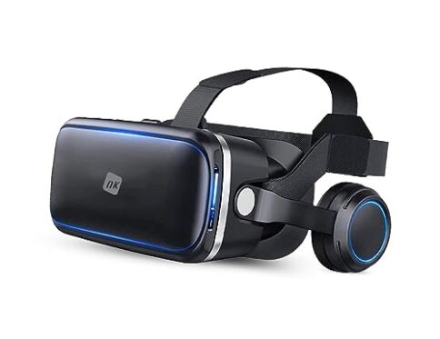 NK Gafas Inteligentes VR con Auriculares – Realidad Virtual 3D con Audio para Smartphone entre 4.7″ – 6.53″, Ángulo Visión 90-100º, Giro 360º, Objetivo y Pupila Regulable – Negro