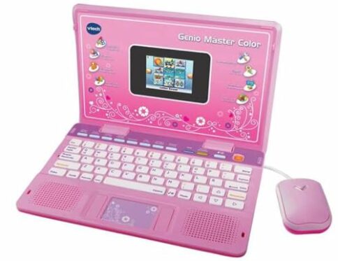 VTech – Genio Máster Color Bilingüe, Ordenador portátil para niños, pantalla a color, enseña vocabulario, matemáticas, ciencias a través de 180 actividades en español e inglés, color rosa (80-133867)