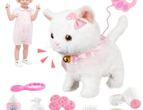 YANGUN Gato de Peluche electrónico para Caminar con Correa de Control Remoto, Gato Mascota Interactivo Realista, Gato Interactivo para niños, ladrar y menear la Cola,Incluye Accesorios para Gatos
